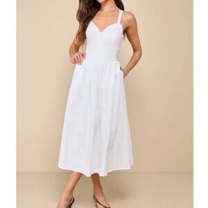 Lulus Strolling Sicily White Pleated Backless Dress With Pockets Medium NWOT